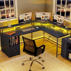 Bureau d'angle en L Marron/Blanc/Noir/Chêne avec Bande LED, Support d'écran et Rangement, 1 personne