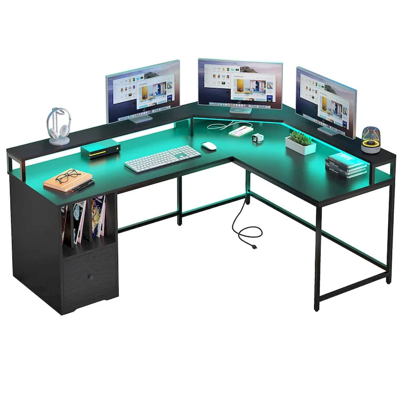 Bureau d'angle en L Marron/Blanc/Noir/Chêne avec Bande LED, Support d'écran et Rangement, 1 personne