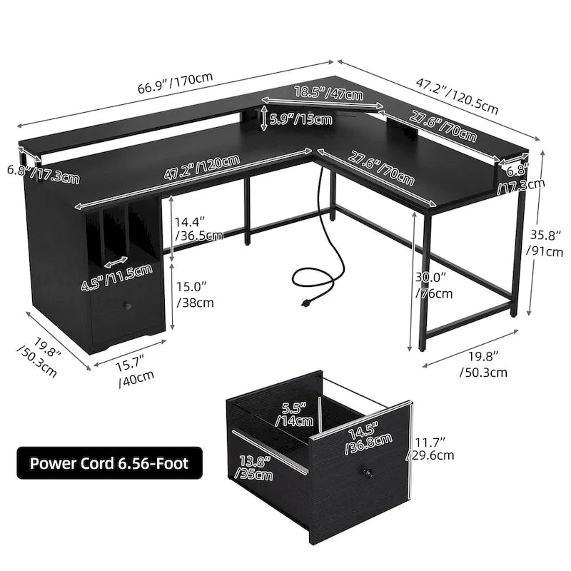 Bureau d'angle en L Marron/Blanc/Noir/Chêne avec Bande LED, Support d'écran et Rangement, 1 personne