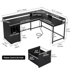 Bureau d'angle en L Marron/Blanc/Noir/Chêne avec Bande LED, Support d'écran et Rangement, 1 personne