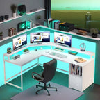 Bureau d'angle en L Marron/Blanc/Noir/Chêne avec Bande LED, Support d'écran et Rangement, 1 personne