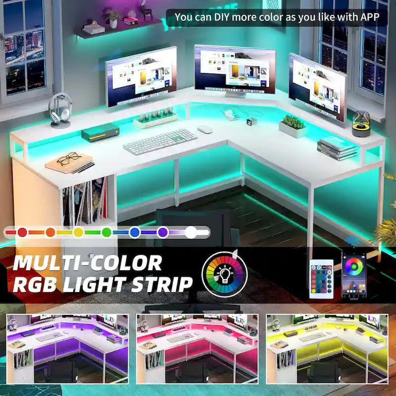 Bureau d'angle en L Marron/Blanc/Noir/Chêne avec Bande LED, Support d'écran et Rangement, 1 personne