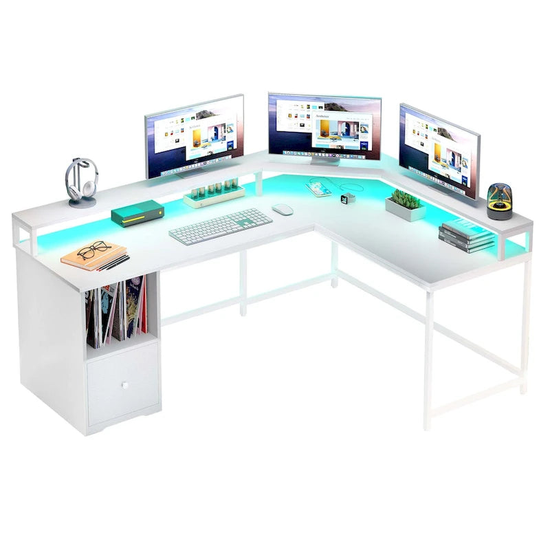 Bureau d'angle en L Marron/Blanc/Noir/Chêne avec Bande LED, Support d'écran et Rangement, 1 personne