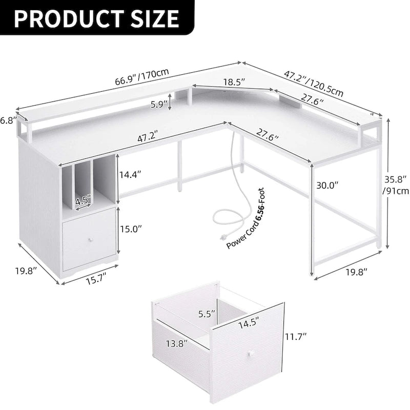 Bureau d'angle en L Marron/Blanc/Noir/Chêne avec Bande LED, Support d'écran et Rangement, 1 personne