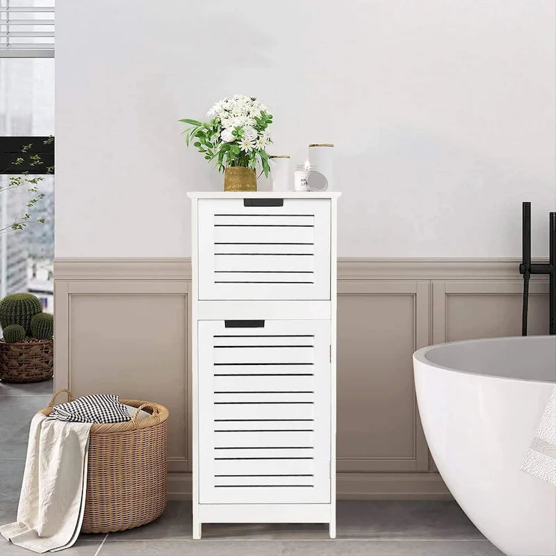 Meuble de salle de bain blanc satiné avec tiroir et porte ventilée