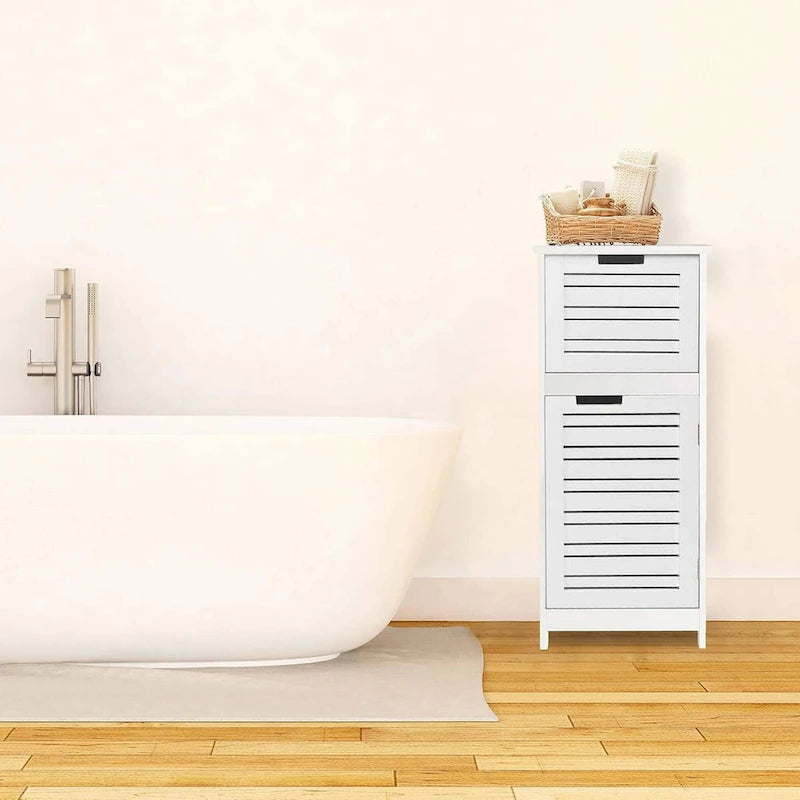 Meuble de salle de bain blanc satiné avec tiroir et porte ventilée
