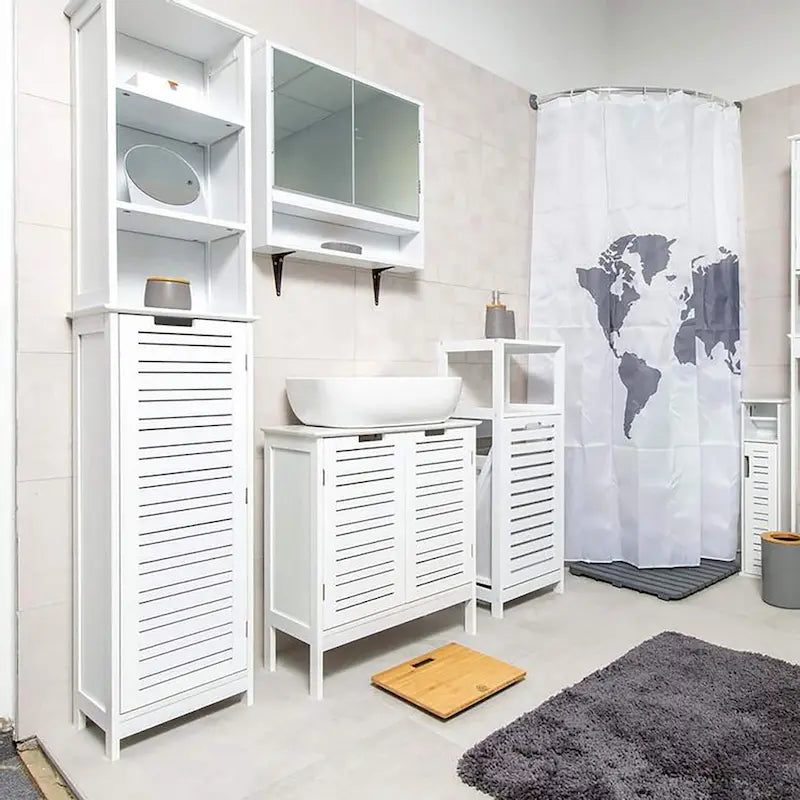 Meuble de salle de bain blanc satiné avec tiroir et porte ventilée
