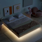 Lit plateforme bas avec lumières LED, taille King, naturel/gris/blanc, convient pour 2 personnes