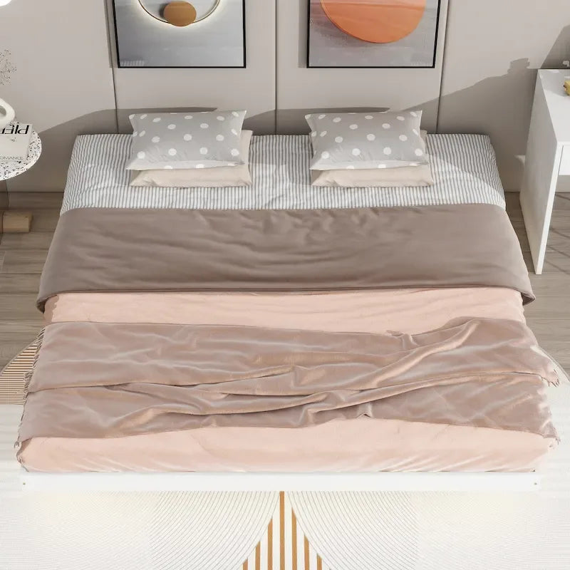 Lit plateforme bas avec lumières LED, taille King, naturel/gris/blanc, convient pour 2 personnes