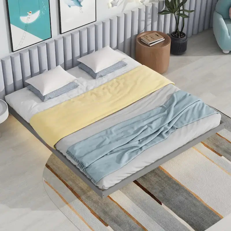 Lit plateforme bas avec lumières LED, taille King, naturel/gris/blanc, convient pour 2 personnes