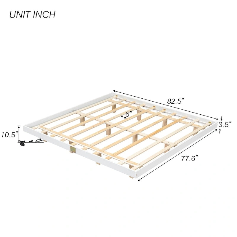 Lit plateforme bas avec lumières LED, taille King, naturel/gris/blanc, convient pour 2 personnes