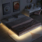 Lit plateforme bas avec lumières LED, taille King, naturel/gris/blanc, convient pour 2 personnes