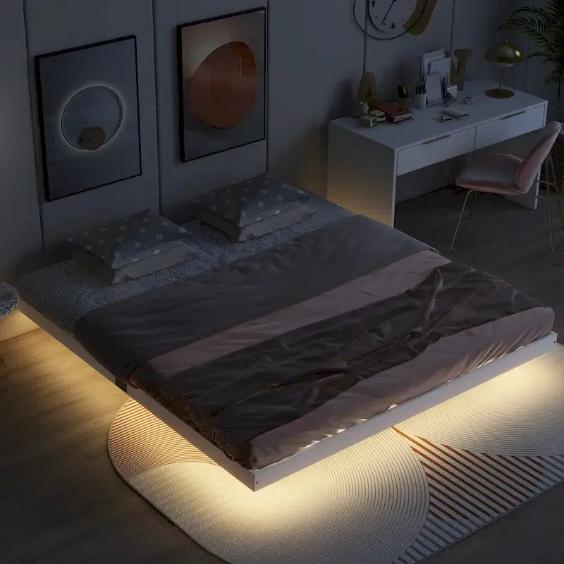 Lit plateforme bas avec lumières LED, taille King, naturel/gris/blanc, convient pour 2 personnes