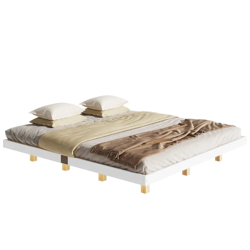 Lit plateforme bas avec lumières LED, taille King, naturel/gris/blanc, convient pour 2 personnes