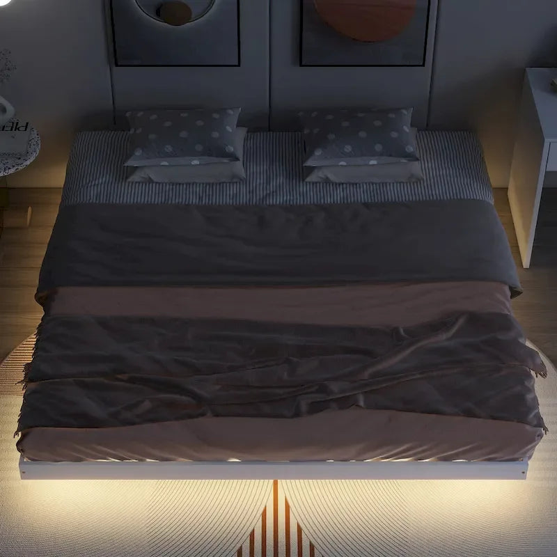 Lit plateforme bas avec lumières LED, taille King, naturel/gris/blanc, convient pour 2 personnes