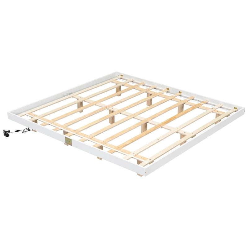 Lit plateforme bas avec lumières LED, taille King, naturel/gris/blanc, convient pour 2 personnes