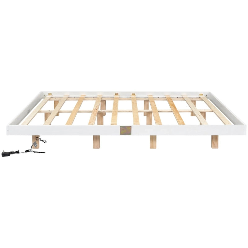 Lit plateforme bas avec lumières LED, taille King, naturel/gris/blanc, convient pour 2 personnes
