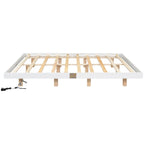 Lit plateforme bas avec lumières LED, taille King, naturel/gris/blanc, convient pour 2 personnes