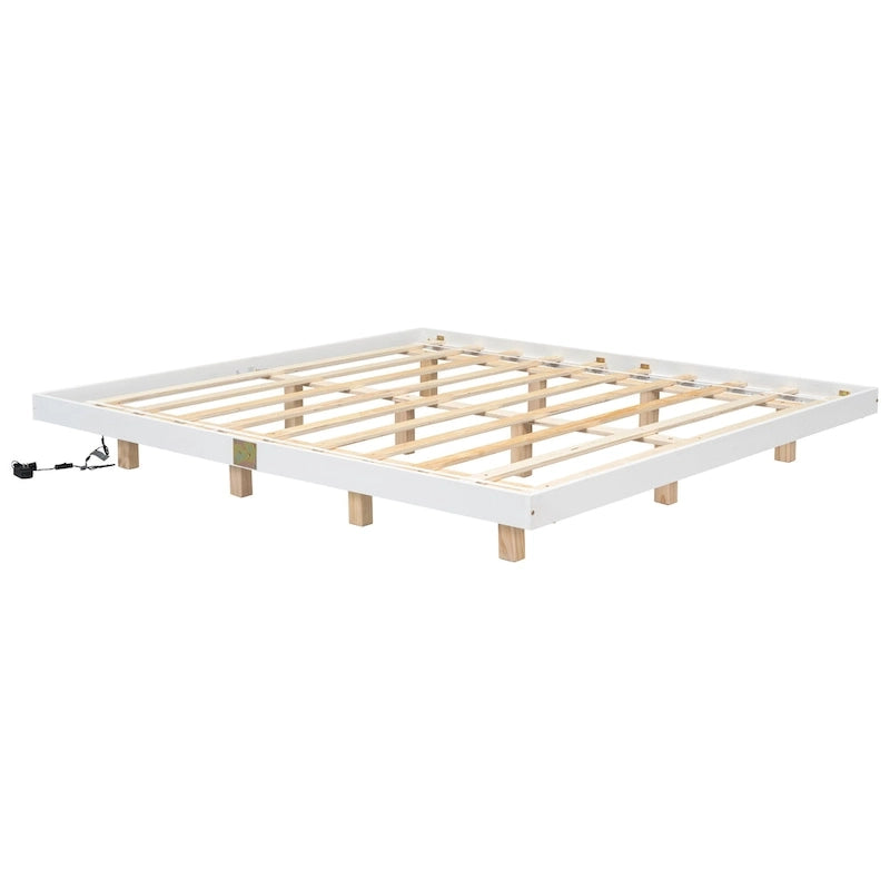 Lit plateforme bas avec lumières LED, taille King, naturel/gris/blanc, convient pour 2 personnes