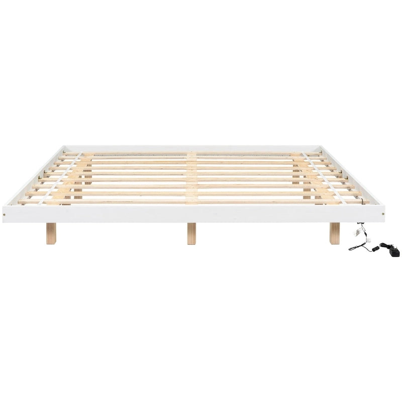 Lit plateforme bas avec lumières LED, taille King, naturel/gris/blanc, convient pour 2 personnes
