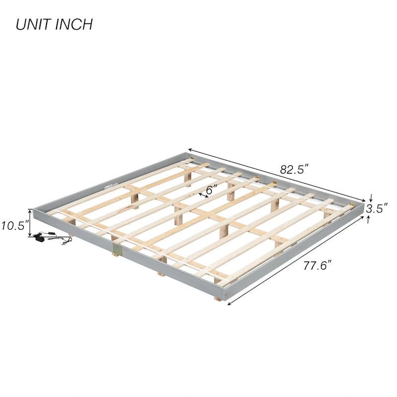Lit plateforme bas avec lumières LED, taille King, naturel/gris/blanc, convient pour 2 personnes