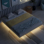 Lit plateforme bas avec lumières LED, taille King, naturel/gris/blanc, convient pour 2 personnes