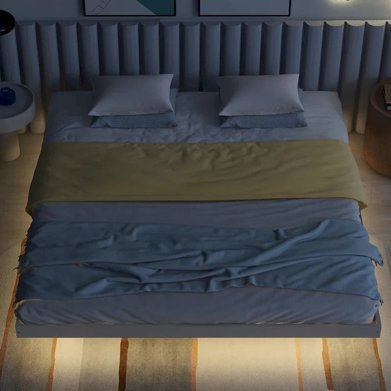 Lit plateforme bas avec lumières LED, taille King, naturel/gris/blanc, convient pour 2 personnes