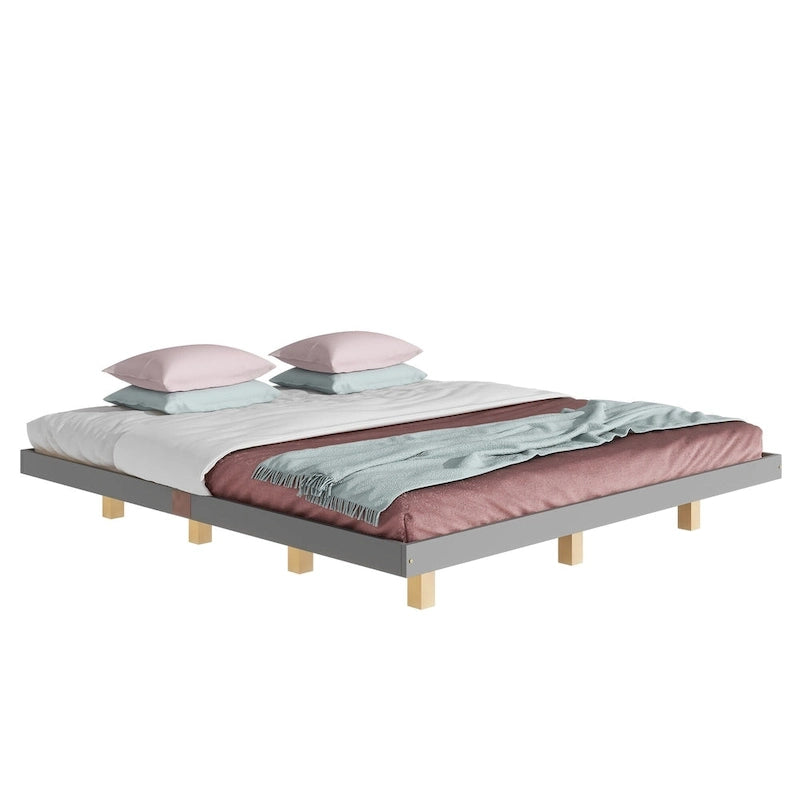 Lit plateforme bas avec lumières LED, taille King, naturel/gris/blanc, convient pour 2 personnes