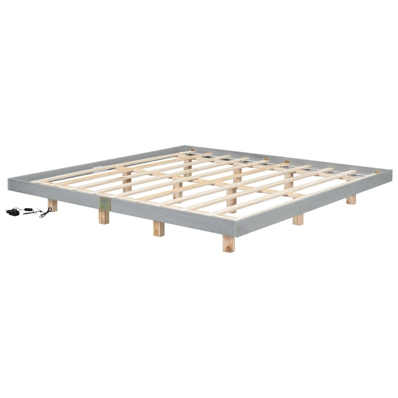 Lit plateforme bas avec lumières LED, taille King, naturel/gris/blanc, convient pour 2 personnes