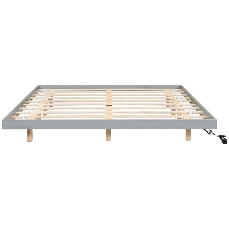 Lit plateforme bas avec lumières LED, taille King, naturel/gris/blanc, convient pour 2 personnes