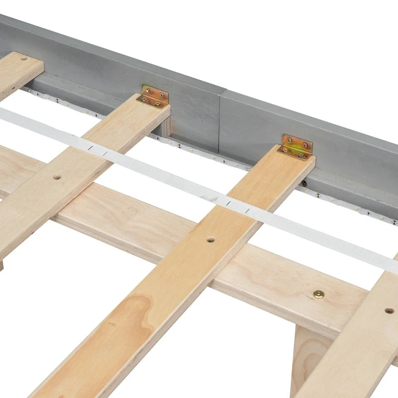 Lit plateforme bas avec lumières LED, taille King, naturel/gris/blanc, convient pour 2 personnes