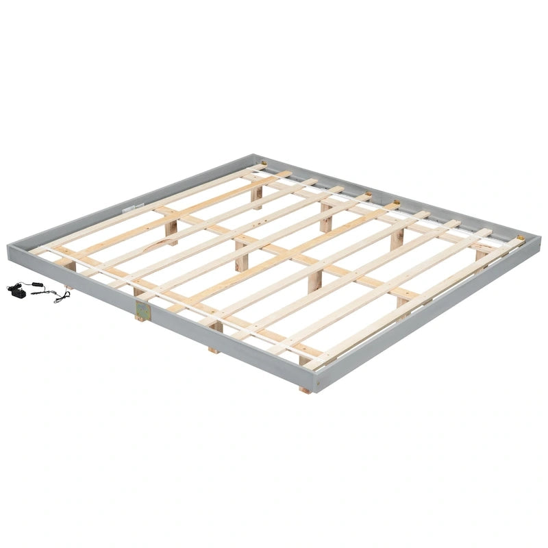 Lit plateforme bas avec lumières LED, taille King, naturel/gris/blanc, convient pour 2 personnes