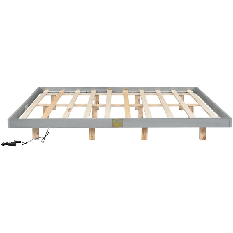 Lit plateforme bas avec lumières LED, taille King, naturel/gris/blanc, convient pour 2 personnes