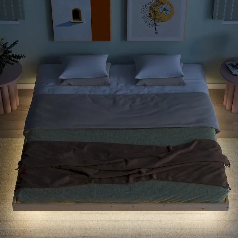 Lit plateforme bas avec lumières LED, taille King, naturel/gris/blanc, convient pour 2 personnes