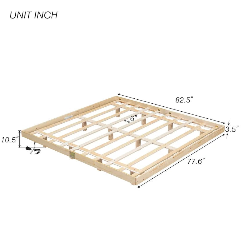 Lit plateforme bas avec lumières LED, taille King, naturel/gris/blanc, convient pour 2 personnes