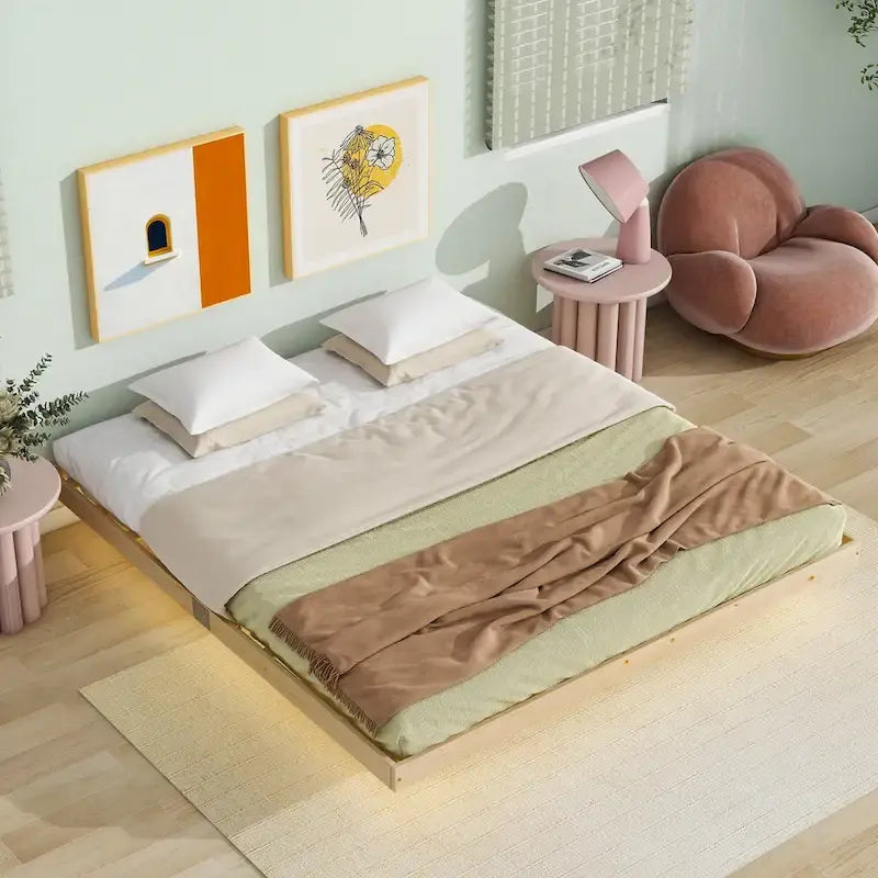 Lit plateforme bas avec lumières LED, taille King, naturel/gris/blanc, convient pour 2 personnes