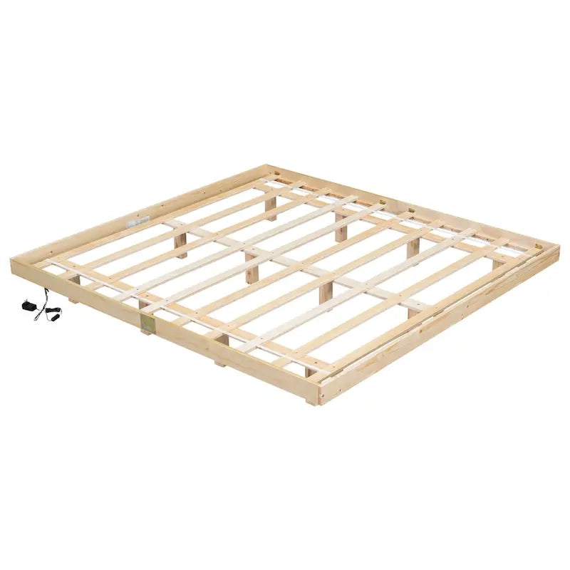 Lit plateforme bas avec lumières LED, taille King, naturel/gris/blanc, convient pour 2 personnes
