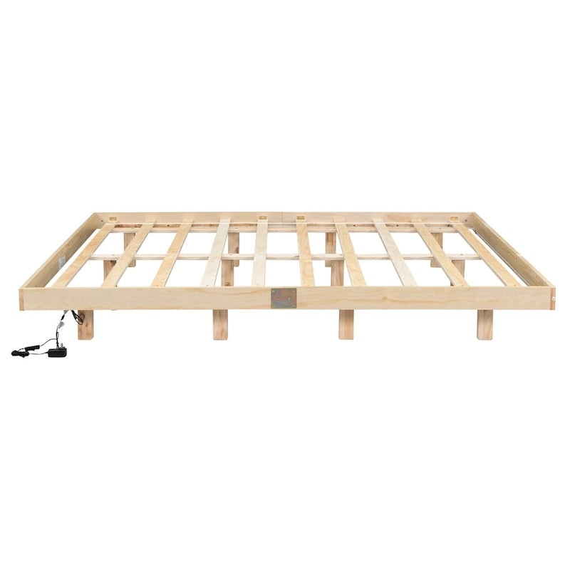 Lit plateforme bas avec lumières LED, taille King, naturel/gris/blanc, convient pour 2 personnes