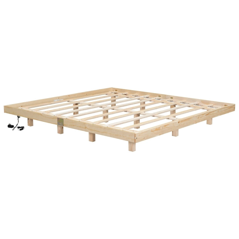 Lit plateforme bas avec lumières LED, taille King, naturel/gris/blanc, convient pour 2 personnes