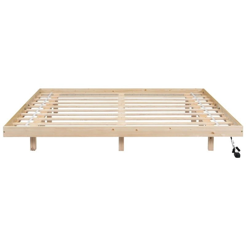 Lit plateforme bas avec lumières LED, taille King, naturel/gris/blanc, convient pour 2 personnes