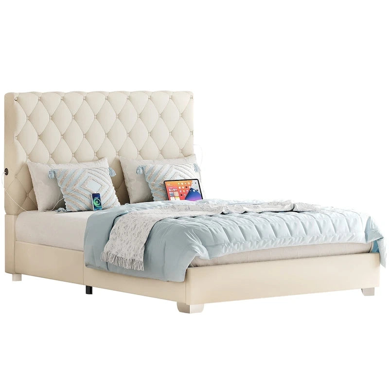 Lit plateforme avec tête de lit haute capitonnée beige, Queen, 2 personnes