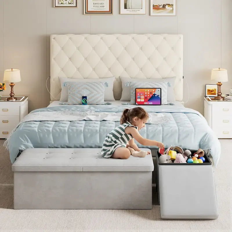 Lit plateforme avec tête de lit haute capitonnée beige, Queen, 2 personnes