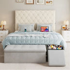 Lit plateforme avec tête de lit haute capitonnée beige, Queen, 2 personnes