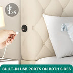 Lit plateforme avec tête de lit haute capitonnée beige, Queen, 2 personnes