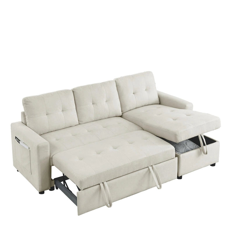 Canapé-lit sectionnel réversible beige de 78,5 pouces avec chaise longue de rangement et pochette latérale - 78,5 larg. x 49 prof. x 31 haut.
