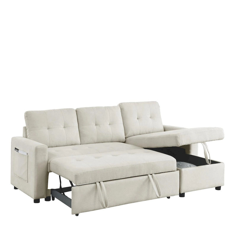 Canapé-lit sectionnel réversible beige de 78,5 pouces avec chaise longue de rangement et pochette latérale - 78,5 larg. x 49 prof. x 31 haut.