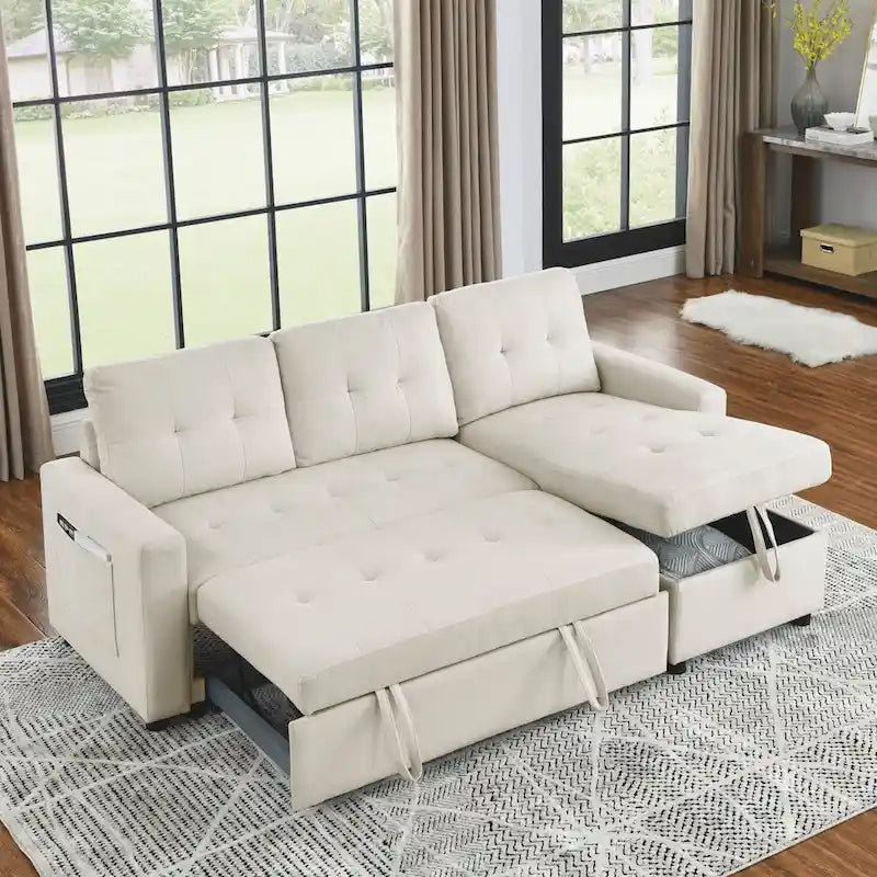 Canapé-lit sectionnel réversible beige de 78,5 pouces avec chaise longue de rangement et pochette latérale - 78,5 larg. x 49 prof. x 31 haut.