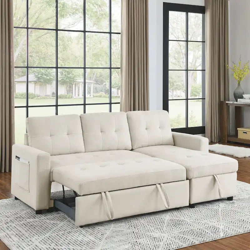 Canapé-lit sectionnel réversible beige de 78,5 pouces avec chaise longue de rangement et pochette latérale - 78,5 larg. x 49 prof. x 31 haut.