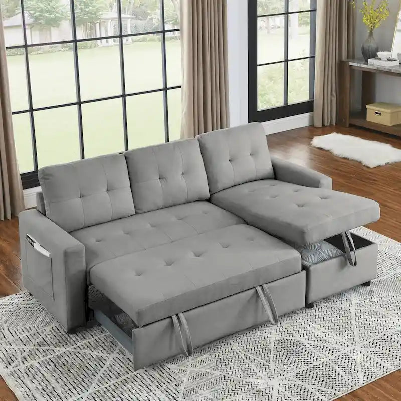 Canapé-lit sectionnel réversible beige de 78,5 pouces avec chaise longue de rangement et pochette latérale - 78,5 larg. x 49 prof. x 31 haut.