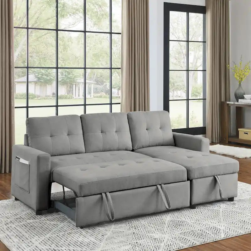Canapé-lit sectionnel réversible beige de 78,5 pouces avec chaise longue de rangement et pochette latérale - 78,5 larg. x 49 prof. x 31 haut.